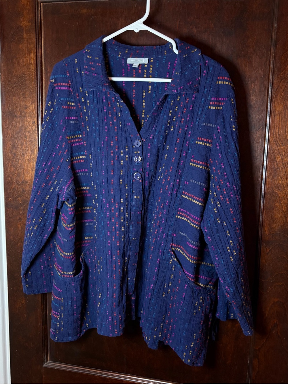 Habitats Women’s Shirt XXL Blue Cotton Woven Stripe Button Up 3/4 Sleeve Boho